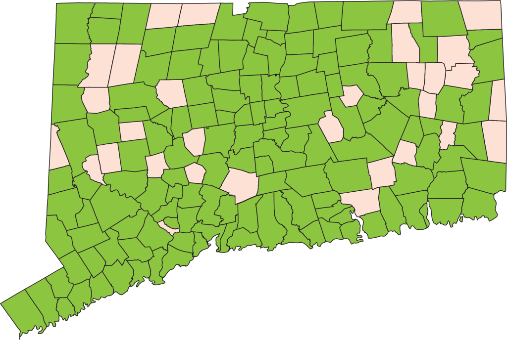 Map of Connecticut showing municipalities that participate in C-PACE, shaded green