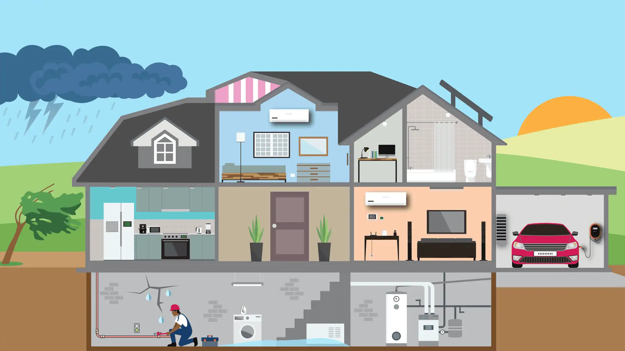Cutaway illustration of a home showing heating and cooling, solar, EV charging and basement utilities