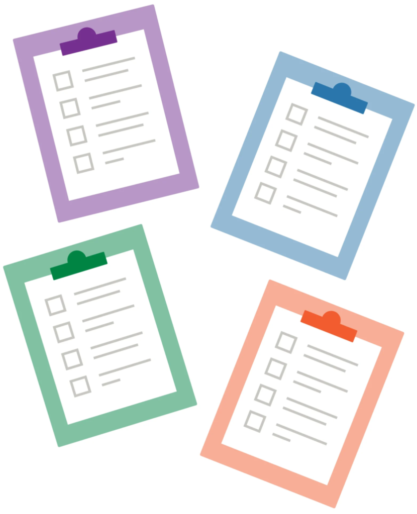 Four colorful clipboards, each holding a checklist with several checked-off items, representing the different document sets collected during underwriting.