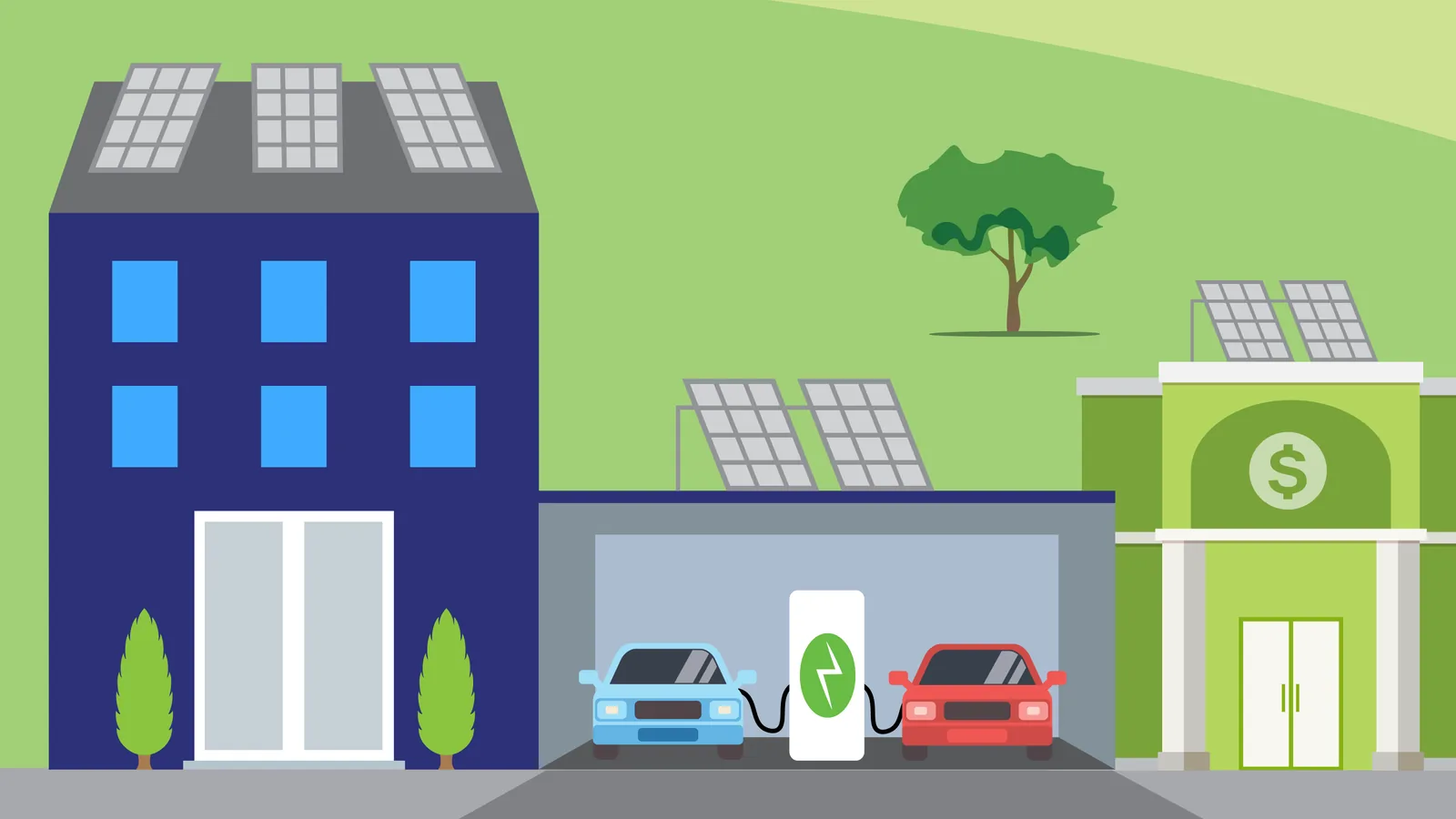 Illustration of commercial buildings with rooftop solar panels and an electric vehicle charging station between them