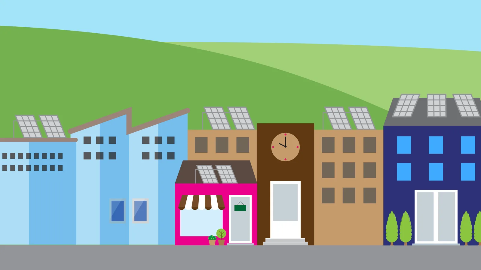 Illustration of a main street of shops and commercial buildings with rooftop solar panels